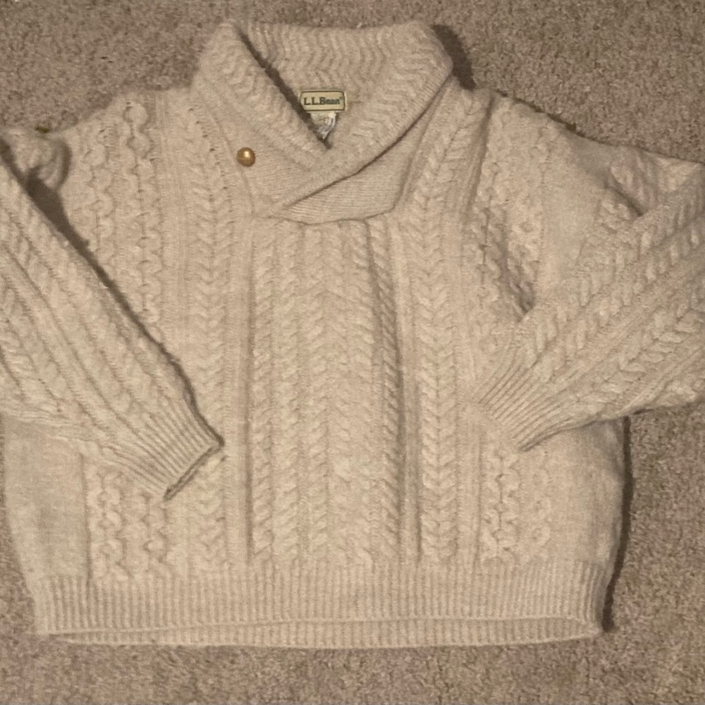 L.L. Bean Women's Off-White Cowl Neck Sweater Cable Knit Ireland Wool XL